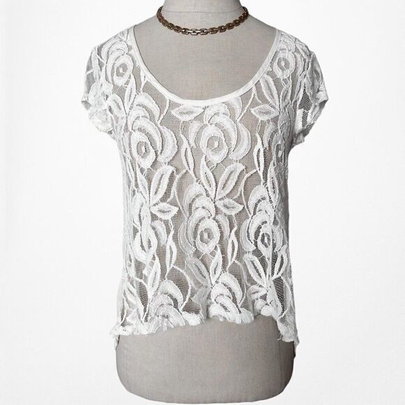 Vintage Y2K White Floral Lace Sheer Top Scoop Neck High Low Blouse Size XS/S - Picture 4 of 7